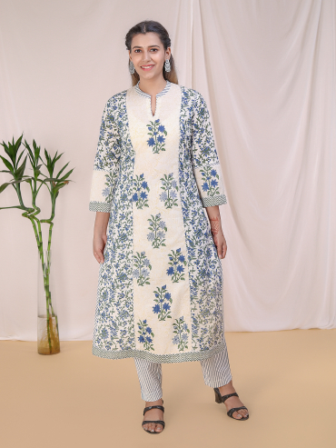 Blue Hand Block Cotton Printed Kurta, Pant & Dupatta Set of 3