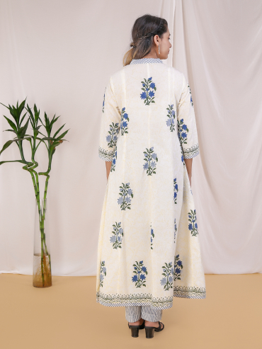 Blue Hand Block Printed Cotton Anarkali Kurta