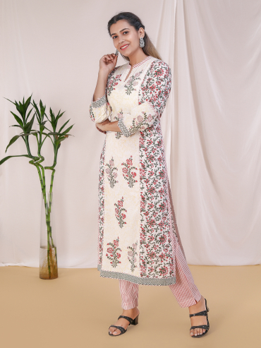 Red Hand block Cotton Printed Kurta with chinese collar