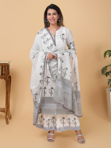 Black-Grey Hand Block Printed Round Neck, Front Slit Cotton Kurta , Palazzo & Dupatta Set of 3