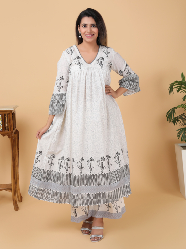 Black-Grey Hand Block Printed V-Neck Cotton Kurta