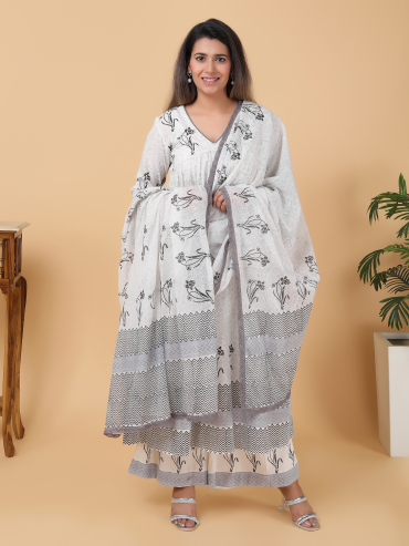 Black-Grey Hand Block Printed V-Neck Cotton Kurta , Palazzo & Dupatta Set of 3