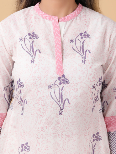 Pink-Purple Hand Block Printed Collar Placket Cotton Kurta