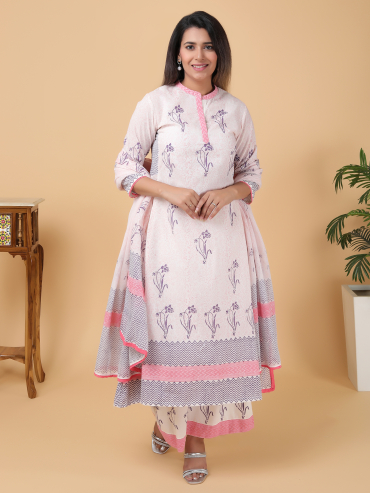 Pink-Purple Hand Block Printed Collar Placket Cotton Kurta , Palazzo & Dupatta Set of 3