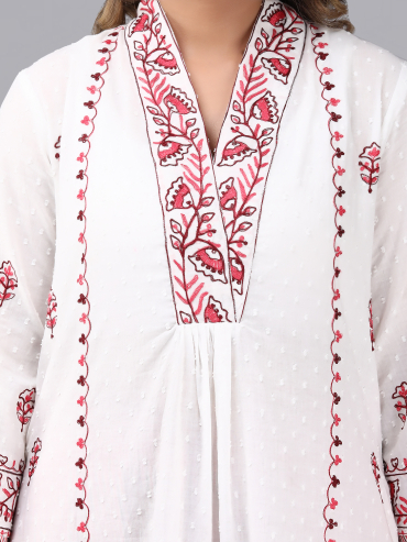 V-Neck Off-White Red Cotton Dobby Kurta