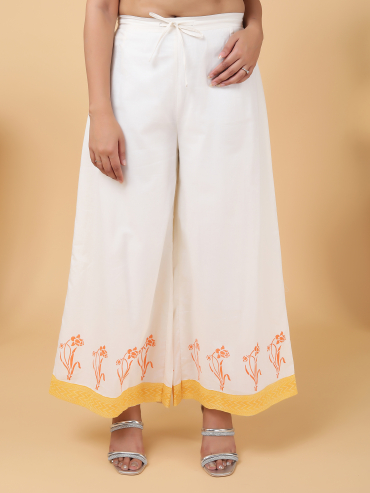 Orange-Yellow Hand Block Printed Cotton Palazzo with Tie-Up Waist Elasticated