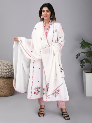 Off-White Cotton Dupatta with Red Aari Embroidery