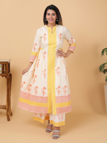 Orange-Yellow Hand Block Printed Collar, Front Slit & Side Dori Cotton Kurta , Palazzo & Dupatta Set of 3