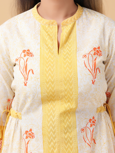 Orange-Yellow Hand Block Printed Collar, Front Slit & Side Dori Cotton Kurta