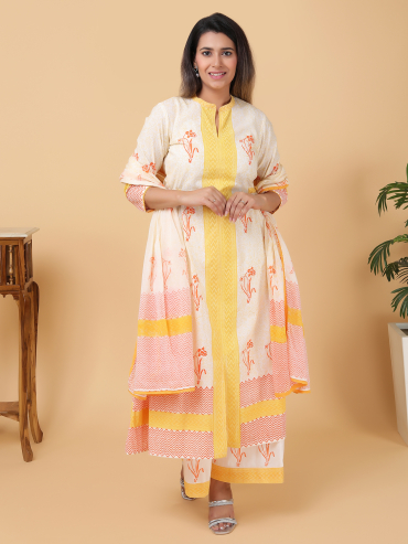 Orange-Yellow Hand Block Printed Collar, Front Slit & Side Dori Cotton Kurta , Palazzo & Dupatta Set of 3