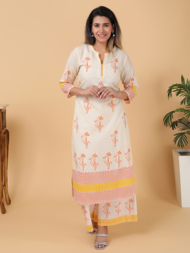 Orange-Yellow Hand Block Printed Round Neck, Front Slit Cotton Kurta