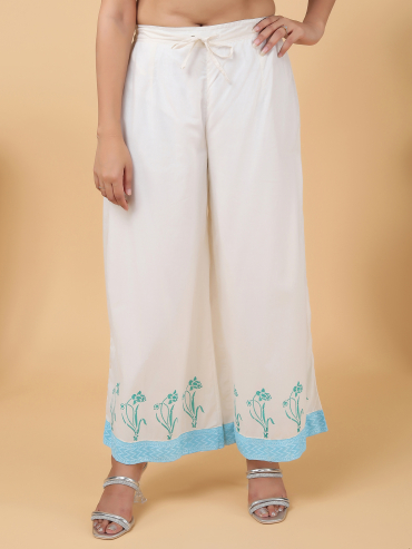 Sky-Blue Hand Block Printed Cotton Palazzo with Tie-Up Waist Elasticated