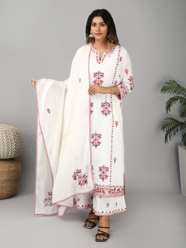 Off-White Cotton Dobby Kurta with Round Neck & Red Aari Embroidery, Palazzo & Dupatta Set of 3