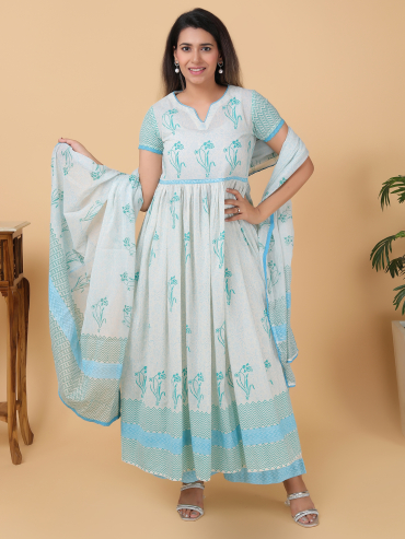 Sky-Blue Hand Block Printed Cotton Dupatta