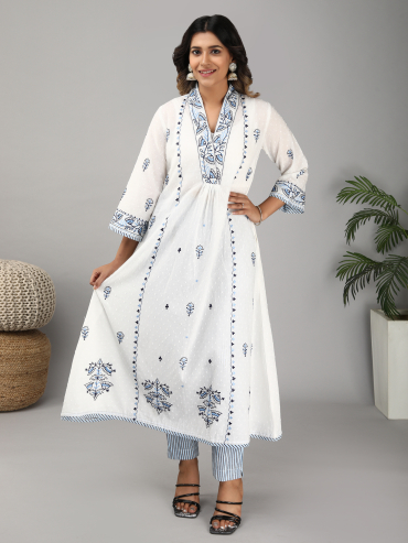 V-Neck Off-White Blue Cotton Dobby Kurta