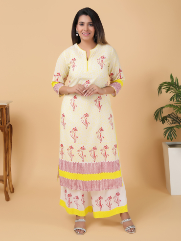 Red-Yellow Hand Block Printed Round Neck, Front Slit Cotton Kurta