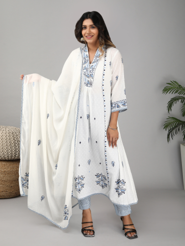 Off-White Cotton Dupatta with Blue Aari Embroidery