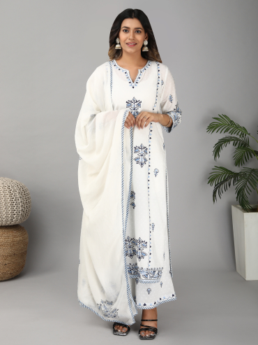 Off-White Cotton Dupatta with Blue Aari Embroidery