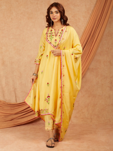 Yellow Chanderi Aari Embroidery Dupatta