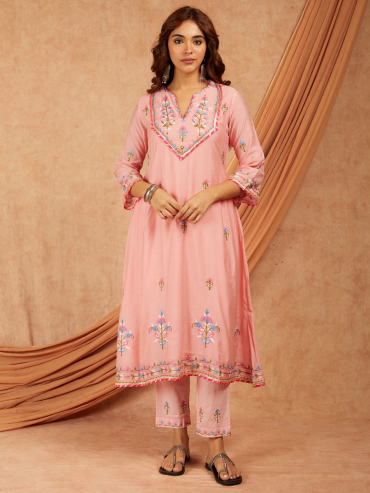 Pink Chanderi Aari Embroidery Kurta with pants- set of 2