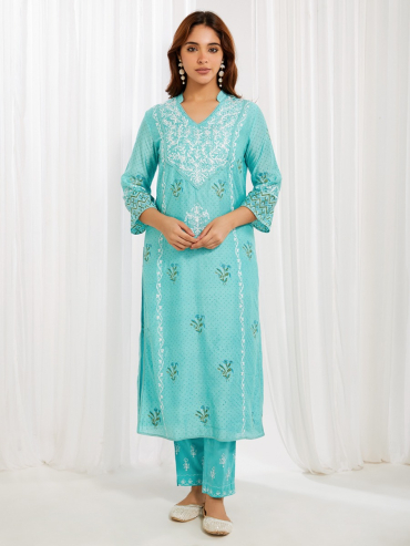 Sky Blue Aari Embroidered Chanderi & Printed Kurta with Pants Set of 2 