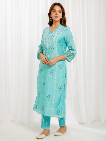 Sky Blue Aari Embroidered Chanderi & Printed V-Neck Kurta