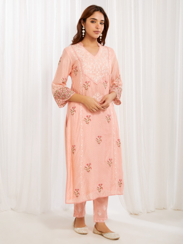 Peach Aari Embroidered Chanderi & Printed Kurta with Pants Set of 2 