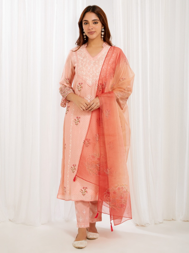 Peach Tie-Dye and Hand Block Printed Organza Dupatta