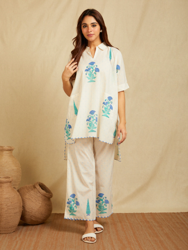 Off-White Blue Hand Block Printed Cotton High-Low Kaftan Co- Ord Set - Set of 2