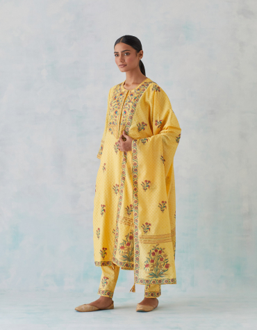 Yellow Hand Block Printed Chanderi Dupatta with Gota Details