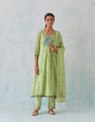 Green Peacock Embroidered Chanderi Kurta with Embroidered Cotton Pant & Printed Chanderi Dupatta Set of 3