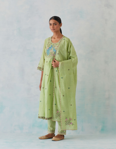 Green Peacock Embroidered Chanderi Kurta with Embroidered Cotton Pant & Printed Chanderi Dupatta Set of 3