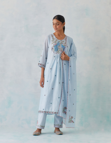 Blue Peacock Embroidered Chanderi Kurta