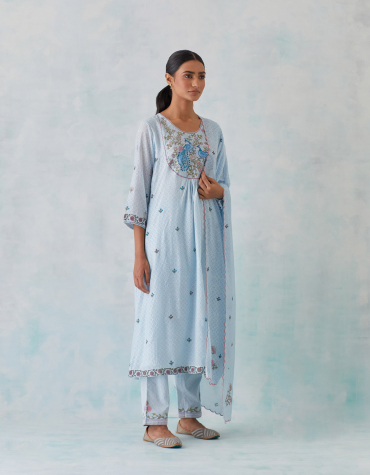 Blue Peacock Embroidered Chanderi Kurta with Embroidered Cotton Pant & Printed Chanderi Dupatta Set of 3