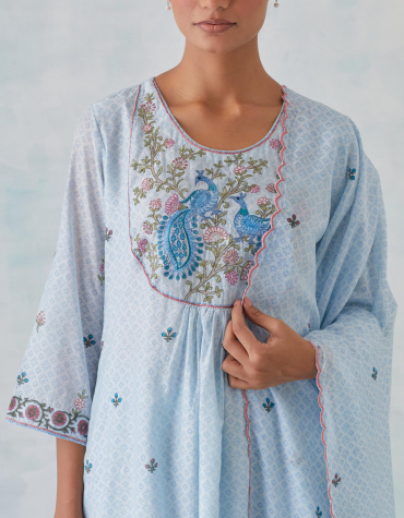 Blue Peacock Embroidered Chanderi Kurta with Embroidered Cotton Pant & Printed Chanderi Dupatta Set of 3