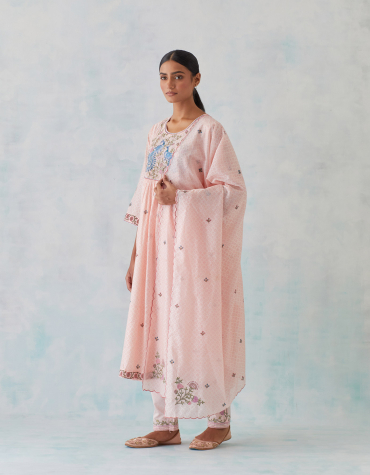 Pink Embroidered And Hand Block Printed Dupatta