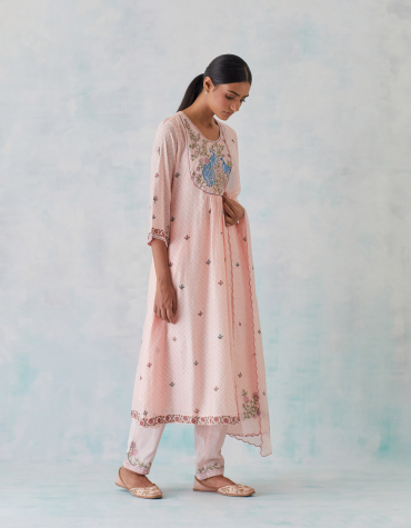 Pink Peacock Embroidered Chanderi Kurta