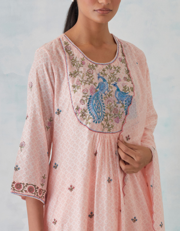 Pink Peacock Embroidered Chanderi Kurta with Embroidered Cotton Pant & Printed Chanderi Dupatta Set of 3