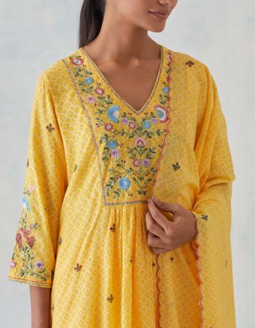 Yellow Hand Block Printed, V-Neck Chanderi Kurta with Embroidered Cotton Pant & Printed Chanderi Dupatta Set of 3