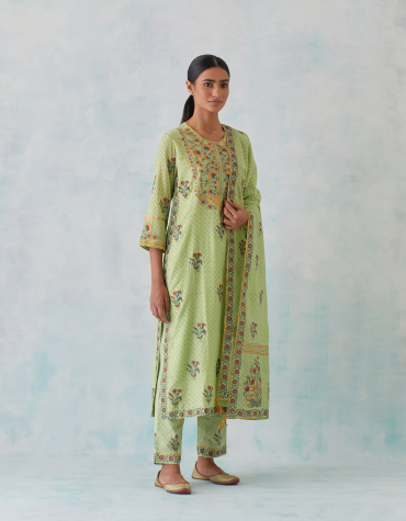 Green Gota Embroidered, Round Neck Front Placket Chanderi Kurta