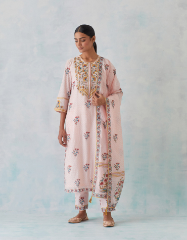 Peach Gota Embroidered, Round Neck Front Placket Chanderi Kurta