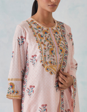 Peach Gota Embroidered, Round Neck Front Placket Chanderi Kurta