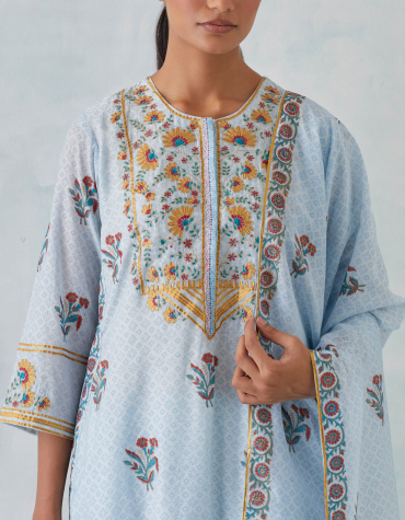 Blue Gota Embroidered, Round Neck Front Placket Chanderi Kurta