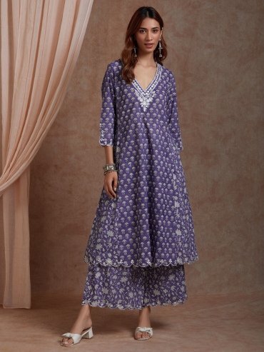 Purple Mirror Embroidered & Hand Block Printed Cotton V-Neck Kurta