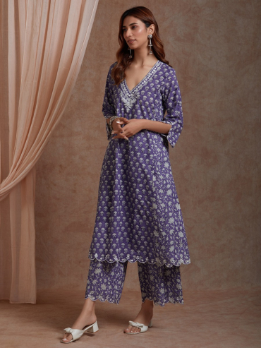 Purple Mirror Embroidered & Hand Block Printed Cotton V-Neck Kurta