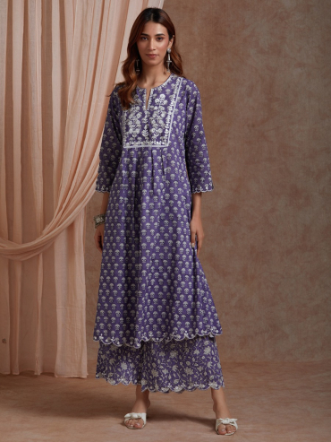 Purple Mirror Embroidered & Hand Block Printed Cotton Front Pleated Round Neck Kurta