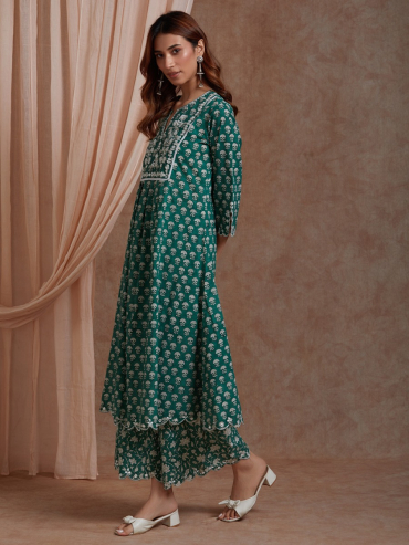 Green Mirror Embroidered & Hand Block Printed Cotton Front Pleated Round Neck Kurta