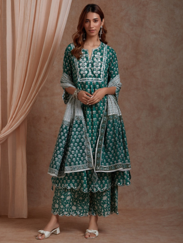 Green Mirror Embroidered & Hand Block Printed Cotton Front Pleated Round Neck Suit- Set of 3