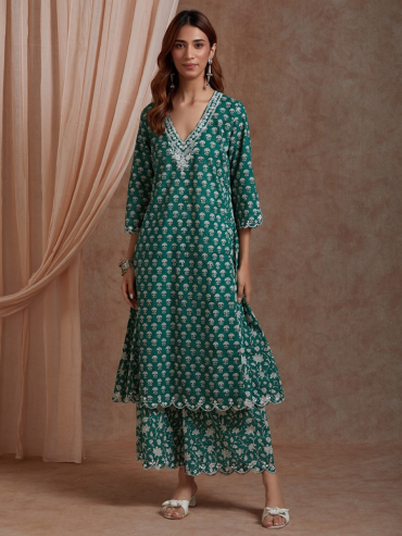 Green Mirror Embroidered & Hand Block Printed Cotton V-Neck Kurta