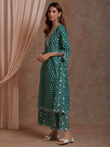 Green Mirror Embroidered & Hand Block Printed Cotton V-Neck Kurta